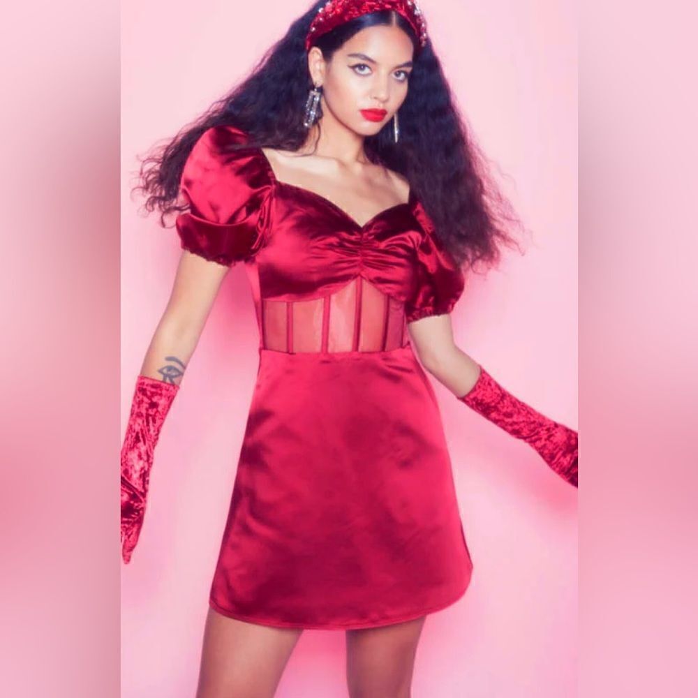 Autumn Adeigbo Clarette Deep Red Satin Puff Sleeve Boned Sweetheart Mini $675